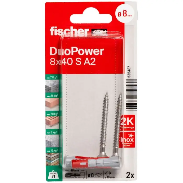 Blister de 2 chevilles universelles Duopower Ø8 x 40 mm + vis inox A2 Ø5 x 55 mm - Fischer Affaire À Saisir