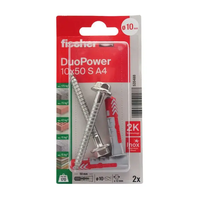 Blister de 2 chevilles universelles Duopower Ø10 x 50 mm + vis inox A2 Ø7 x 69 mm - Fischer Meilleure Vente