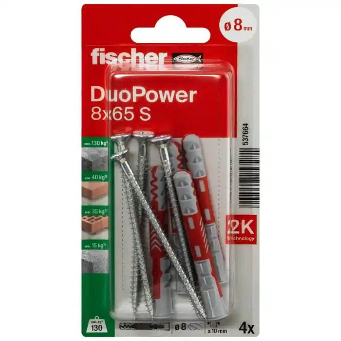 Blister de 4 chevilles universelles Dupower Ø8 x 65 mm + vis Ø5 x 80 mm - Fischer Achat Immédiat