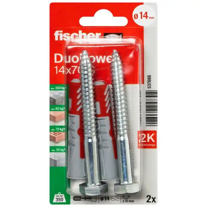 Blister de 2 chevilles universelles Duopower Ø14 x 70 mm + tirefonds Ø10 x 95 mm - Fischer Prix Cassé