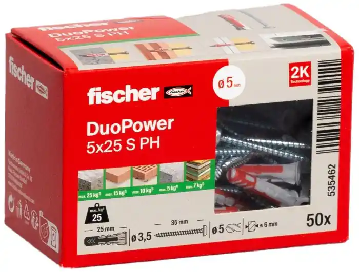 Boîte de 50 chevilles universelle Duopower Ø5 x 25 mm + vis à tête ronde Ø3,5 mm - Fischer Soldes
