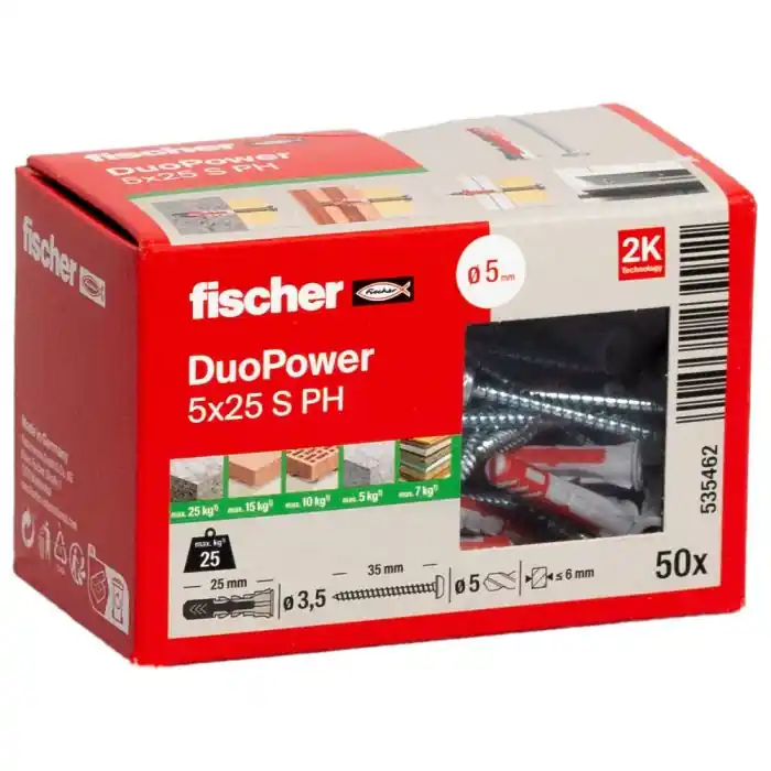 Boîte de 50 chevilles universelle Duopower Ø6 x 30 mm + vis à tête ronde Ø4,5 x 40 mm - Fischer Prix Réduit
