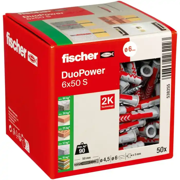 Usine Directe Boîte de 50 chevilles universelle Duopower Ø6 x 50 mm + vis à tête fraisée Ø4,5 x 60 mm – Fischer
