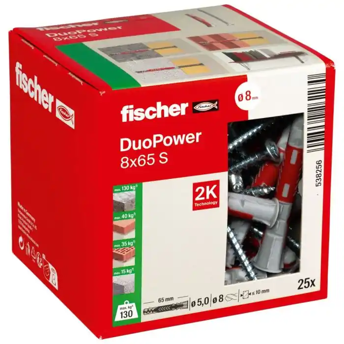 Boîte de 25 chevilles universelle Duopower Ø8 x 65 mm + vis à tête fraisée Ø5 x 80 mm - Fischer Offre Spéciale