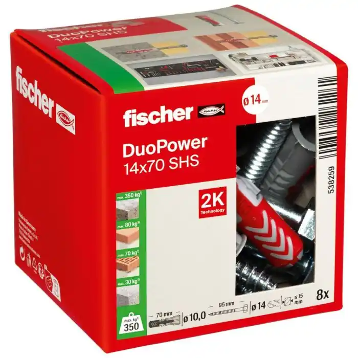 Commande En Gros Boîte de 8 chevilles universelle Duopower Ø14 x 70 mm + tirefonds Ø10 x 95 mm - Fischer