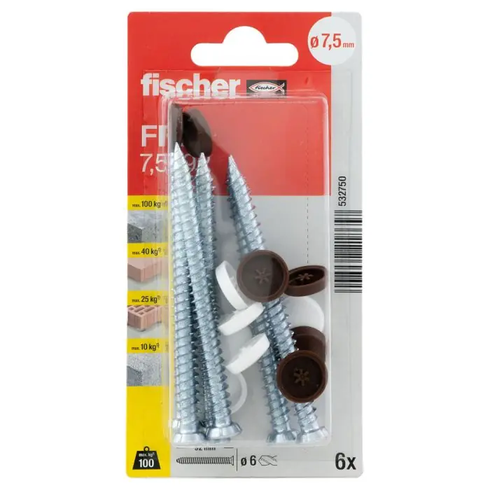 Soldes Blister de 6 vis pour menuiseries FFS 7,5 x 92 mm + capuchons blanc et brun foncé - Fischer