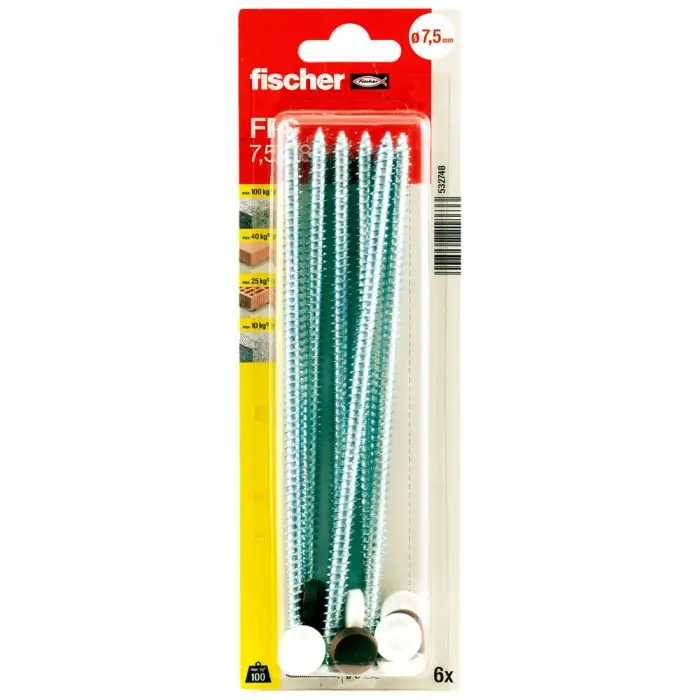 Authentique Blister de 6 vis pour menuiseries FFS 7,5 x 182 mm + capuchons blanc et brun foncé - Fischer