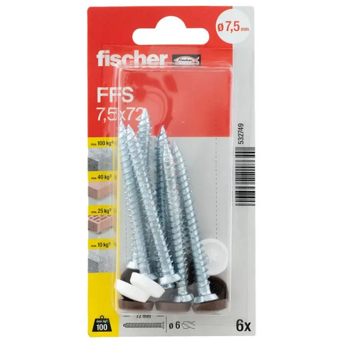 Prix Cassé Blister de 6 vis pour menuiseries FFS Ø7,5 x 72 mm + capuchons blanc et brun foncé - Fischer