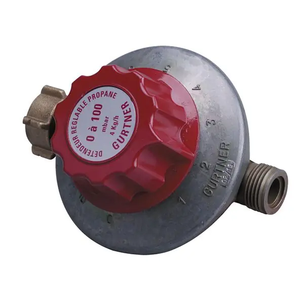 Détendeur réglable propane basse pression 4kg/h – 50 à 200 mbar – entrée bouteille – sortie M20x150 – Gurtner Marque
