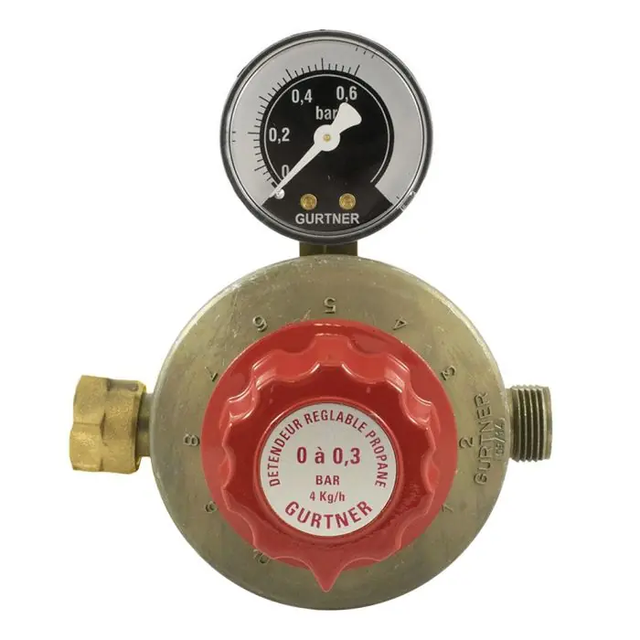 Détendeur réglable propane basse pression avec manomètre 4kg/h – 0 à 300 mbar – entrée écrou 20×150 – sortie M20x150 – Gurtner Nouveauté