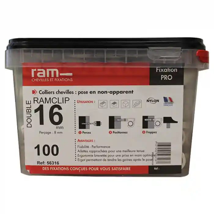 Seau de 100 RAMCLIP blanc double Ø16 pour fixer les gaines souples – Ram Usine Directe