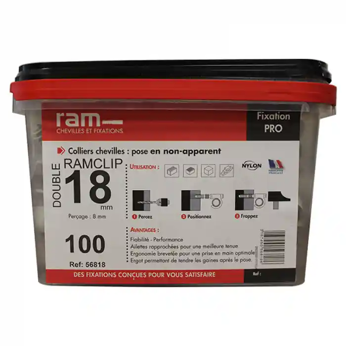 Seau de 100 RAMCLIP gris double Ø18 pour fixer les gaines souples – Ram Bon Plan