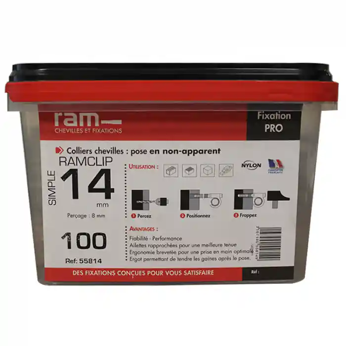Seau de 100 RAMCLIP gris simple Ø14 pour fixer les gaines souples – Ram Super Prix