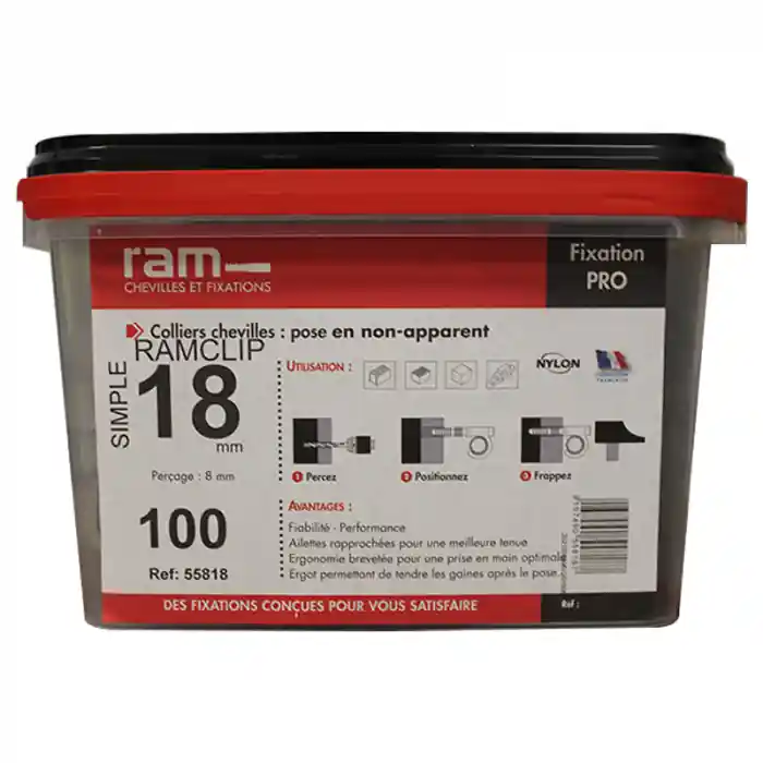 Seau de 100 RAMCLIP gris simple Ø18 pour fixer les gaines souples - Ram Quantité Limitée