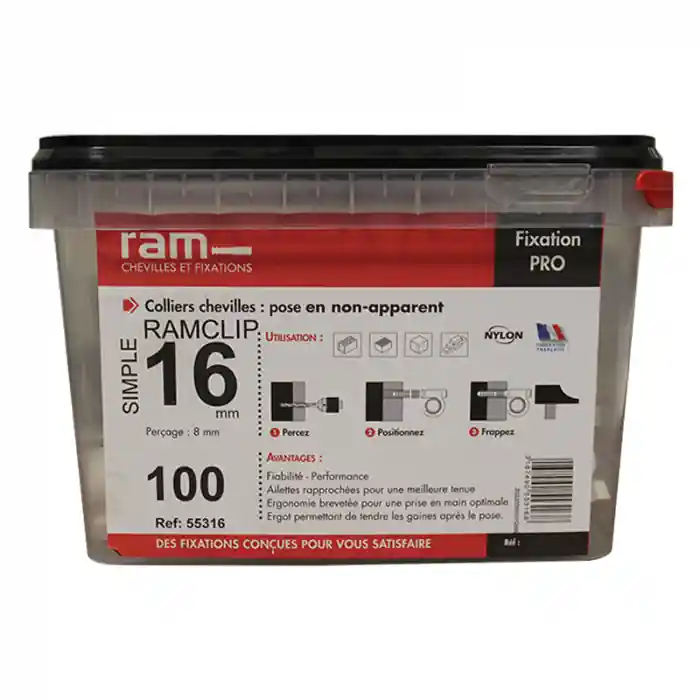 Seau de 100 RAMCLIP blanc simple Ø16 pour fixer les gaines souples – Ram Quantité Limitée