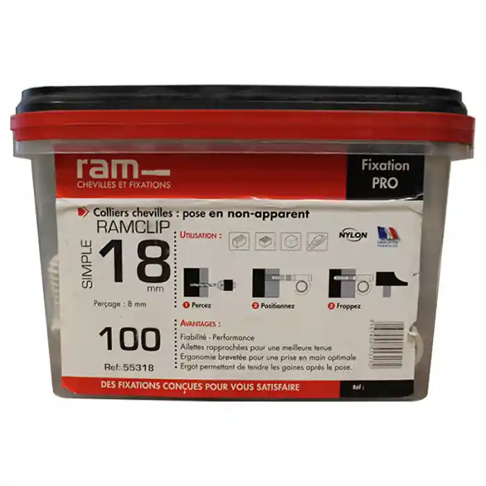 Seau de 100 RAMCLIP blanc simple Ø18 pour fixer les gaines souples – Ram Nouvelle Collection
