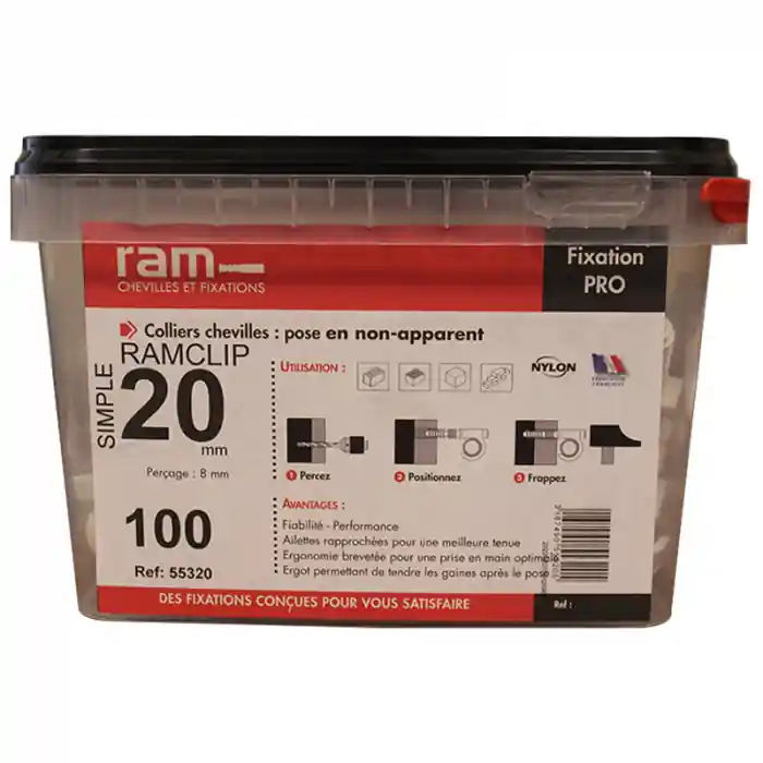 Seau de 100 RAMCLIP blanc simple Ø20 pour fixer les gaines souples - Ram Expédition Rapide