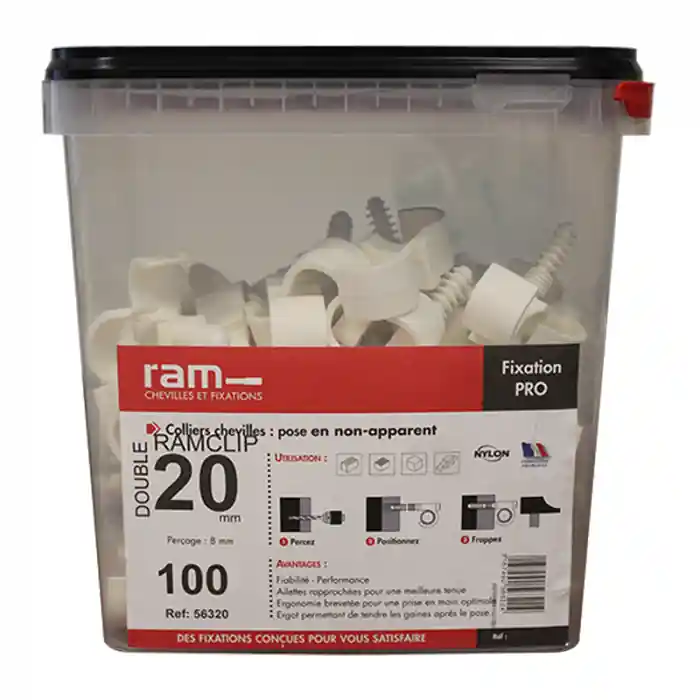 Seau de 100 RAMCLIP blanc double Ø20 pour fixer les gaines souples - Ram Affaire À Saisir