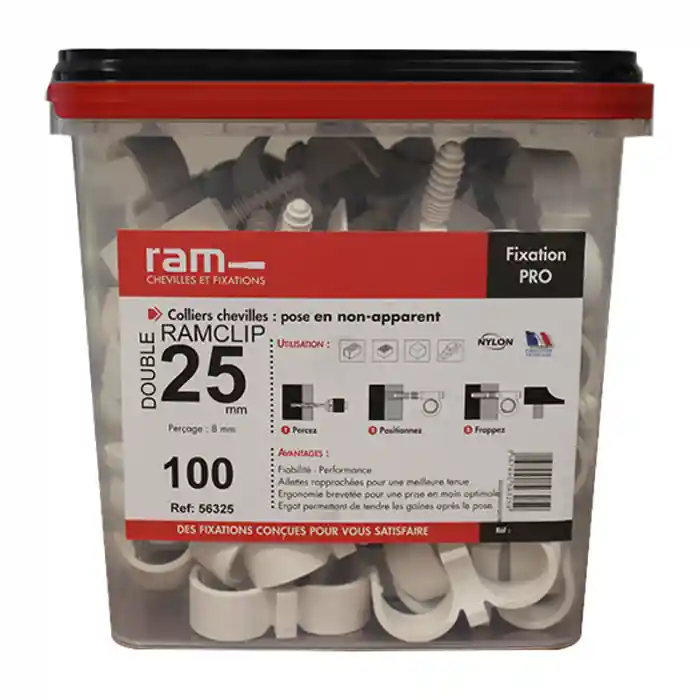 Seau de 100 RAMCLIP blanc double Ø26 pour fixer les gaines souples – Ram Quantité Limitée