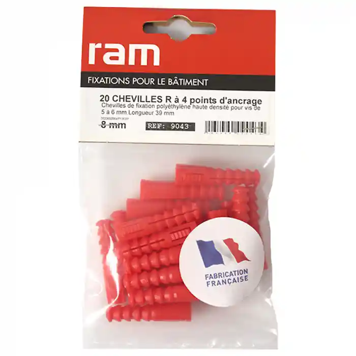 Sachet de 20 chevilles R8 rouges multimatériaux sans collerette - Ø8 mm - Longueur 39 mm - RAM Usine Directe