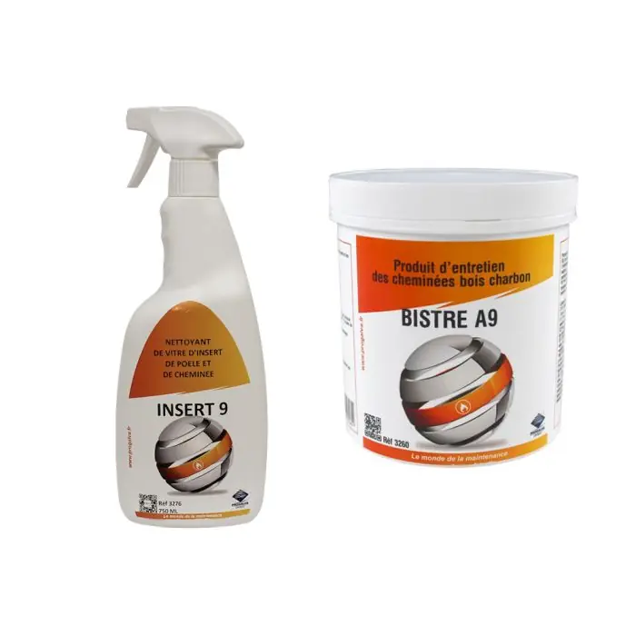 Produit De Marque Kit d‘entretien pour poêles, cheminées et inserts - Insert 9 Nettoyant vitres + Bistre A9 nettoyage cheminée Bois/charbon - Progalva
