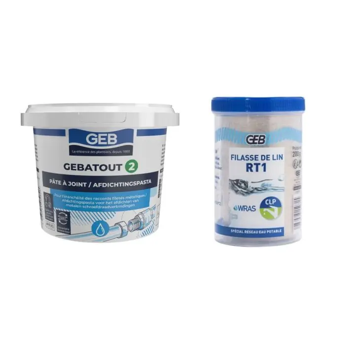 Marque Pâte à joint Gebatout 500 gr et son Dévidoir 200 gr de filasse de lin RT1 pour étanchéité des réseaux sanitaires - Certifié au contact eau potable - GEB