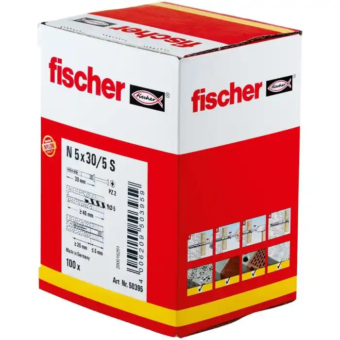 Offre Du Jour Boîte de 100 chevilles à frapper N Ø5 x 30 mm collerette fraisée et clou tête fraisée pour structures en bois - Fischer
