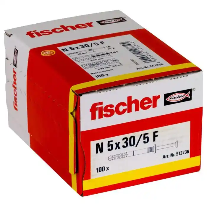 100 chevilles à frapper N Ø5 x 30 mm collerette épaisse et clou tête fraisée pour constructions métalliques – Fischer Affaire À Saisir