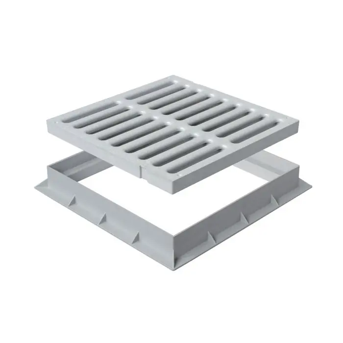 Grille de sol PVC légère avec cadre anti-choc 383 x 383 mm – Résistance 28 KN – Gris – First Plast Dernière Chance