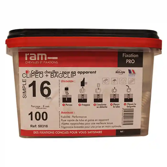 100 CLIPEO simple BLANC Ø16 + 100 BAGCLIP - RAM Pas Cher