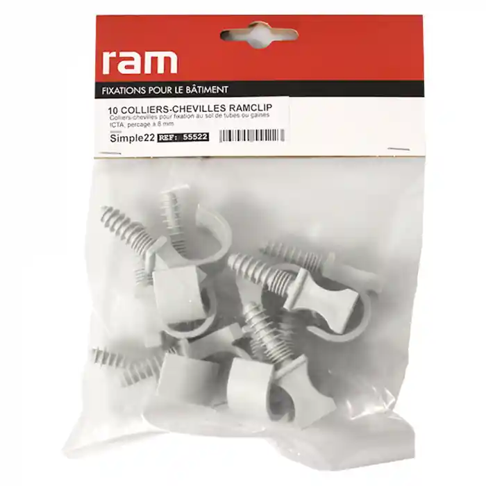 10 colliers chevilles RAMCLIP simple gris pour tube nu Ø22 et prégainé Ø12 – RAM Prix Promo