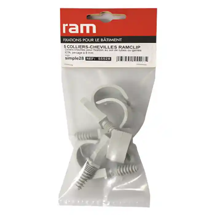 5 colliers chevilles RAMCLIP simple gris pour tube nu Ø26 à 28 et Prégainé Ø16 – RAM Nouvelle Collection