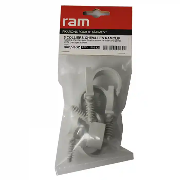 Dernière Chance 5 colliers chevilles RAMCLIP simple gris pour tube nu Ø32 et prégainé Ø20 - RAM