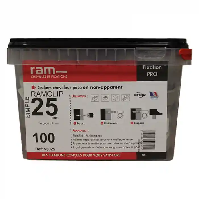 Produit De Marque 100 colliers chevilles RAMCLIP simple gris pour tube nu Ø25 - RAM
