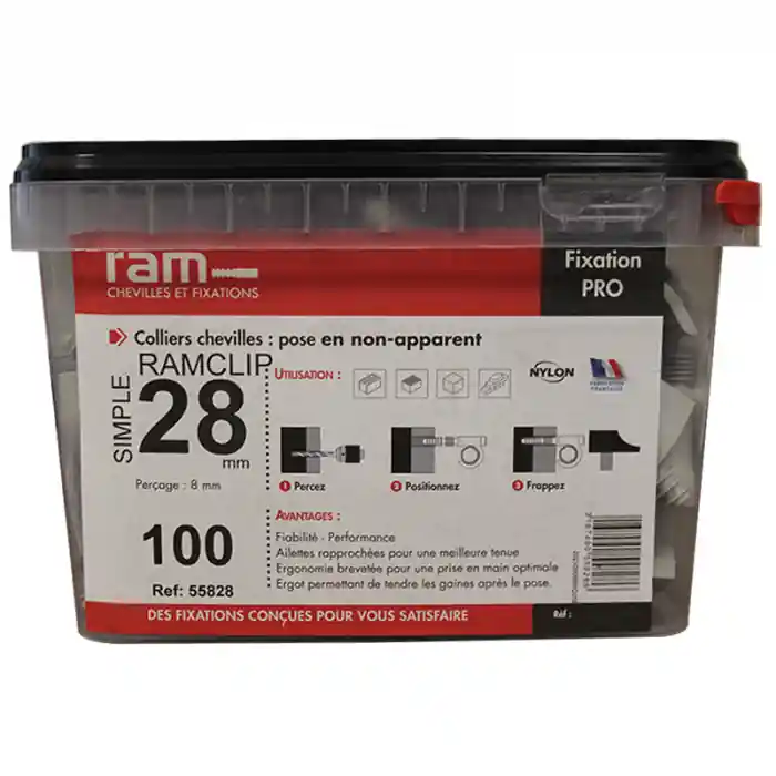 Prix Choc 100 colliers chevilles RAMCLIP simple gris pour tube nu Ø26 à 28 et prégainé Ø16 - RAM