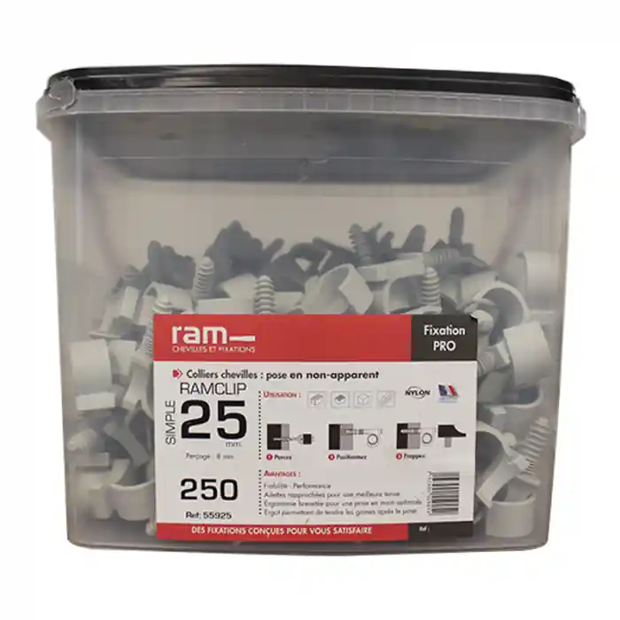 250 colliers cheville RAMCLIP simple gris pour tube nu Ø25 – RAM Dernier Modèle