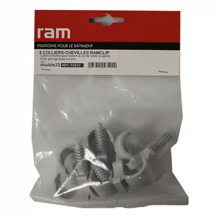 5 colliers cheville RAMCLIP double gris pour tube nu Ø22 et prégainé + prégainé duo Ø12 – RAM Authentique