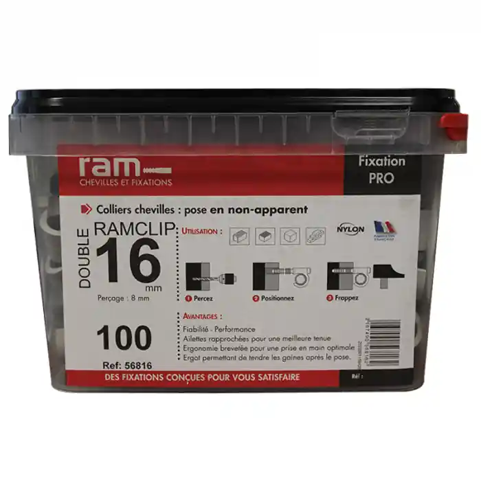 Super Prix 100 colliers chevilles RAMCLIP double gris pour tube nu Ø12 à 16 – RAM