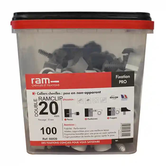 Seulement Aujourd'hui 100 colliers chevilles RAMCLIP double gris pour tube nu Ø20 - RAM