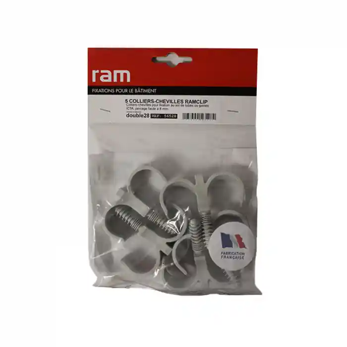 5 colliers cheville RAMCLIP double gris pour tube nu Ø28 à 32 et prégainé + prégainé duo Ø16 – RAM Retour Gratuit