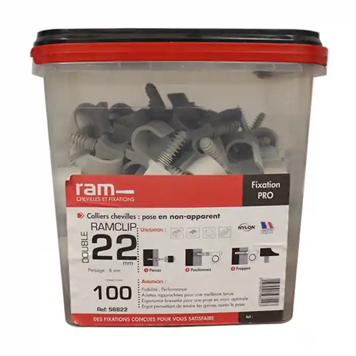 Prix Cassé 100 colliers chevilles RAMCLIP double gris pour tube nu Ø22 et prégainé + prégainé duo Ø12 - RAM