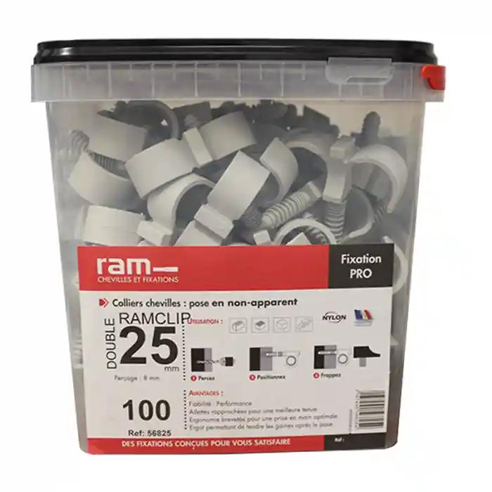 100 colliers chevilles RAMCLIP double gris pour tube nu Ø25 – RAM Commande En Gros