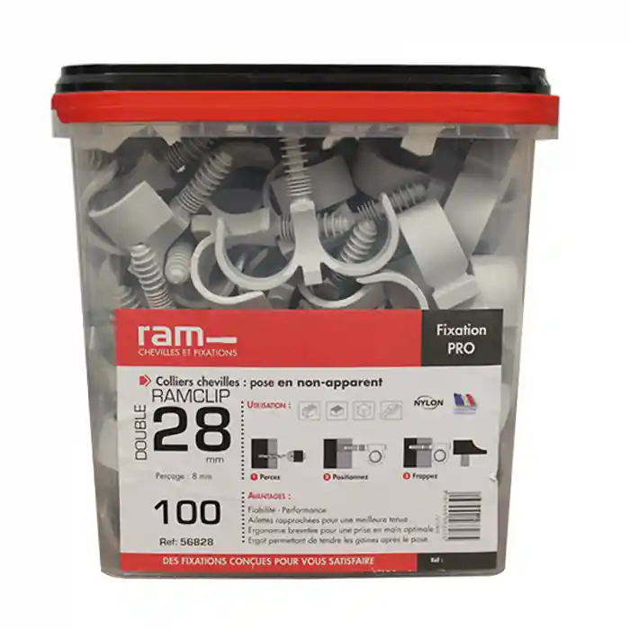 100 colliers chevilles RAMCLIP double gris pour tube nu Ø28 à 32 et prégainé + prégainé duo Ø16 – RAM Retour Gratuit