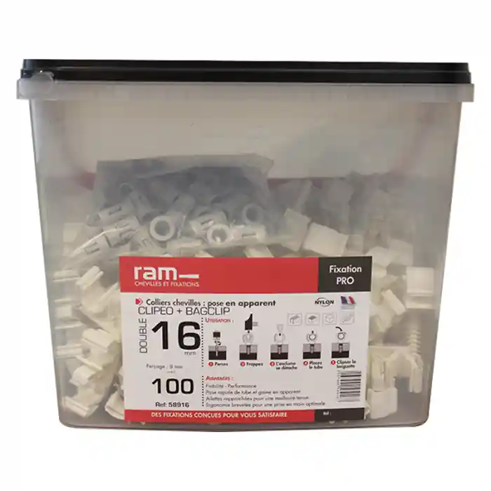 100 CLIPEO double blanc Ø16 + 100 BAGCLIP – Fixation pour tube multicouche – RAM Meilleure Vente