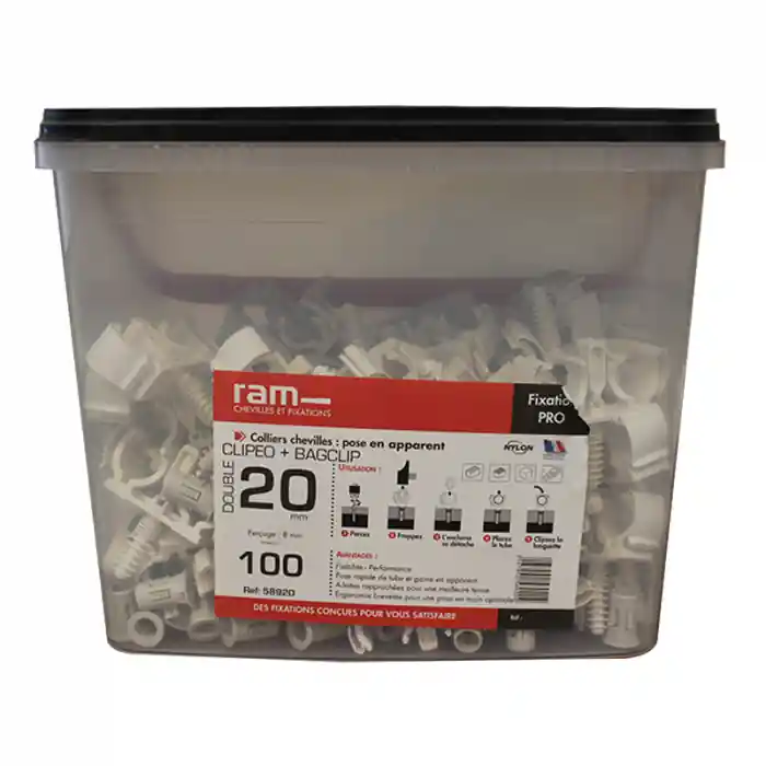 100 CLIPEO double blanc Ø20 + 100 BAGCLIP – Fixation pour tube multicouche – RAM Promotion Saisonnière