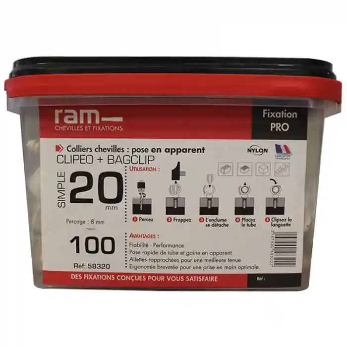 100 CLIPEOS simple blanc Ø20 + 100 BAGCLIP - RAM Réduction