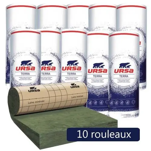 10 rouleaux laine de verre URSA MRK 40 TERRA revêtu kraft – Ep. 240mm – 45m² – R 6 Réduction