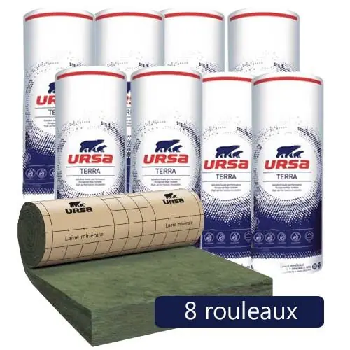 8 rouleaux laine de verre URSA MRK 35 TERRA revêtu kraft – Ep. 240mm – 25,92m² – R 6.85 Prix Réduit