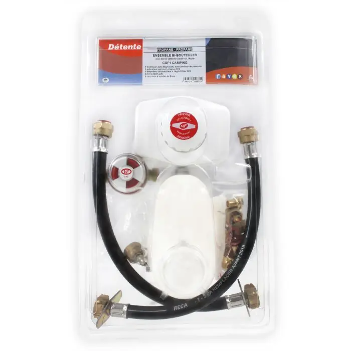 Coffret complet Bi-bouteilles Propane avec détendeur SP1 (1,3kg/h-37mb) sans Vanne - Favex Vente Directe