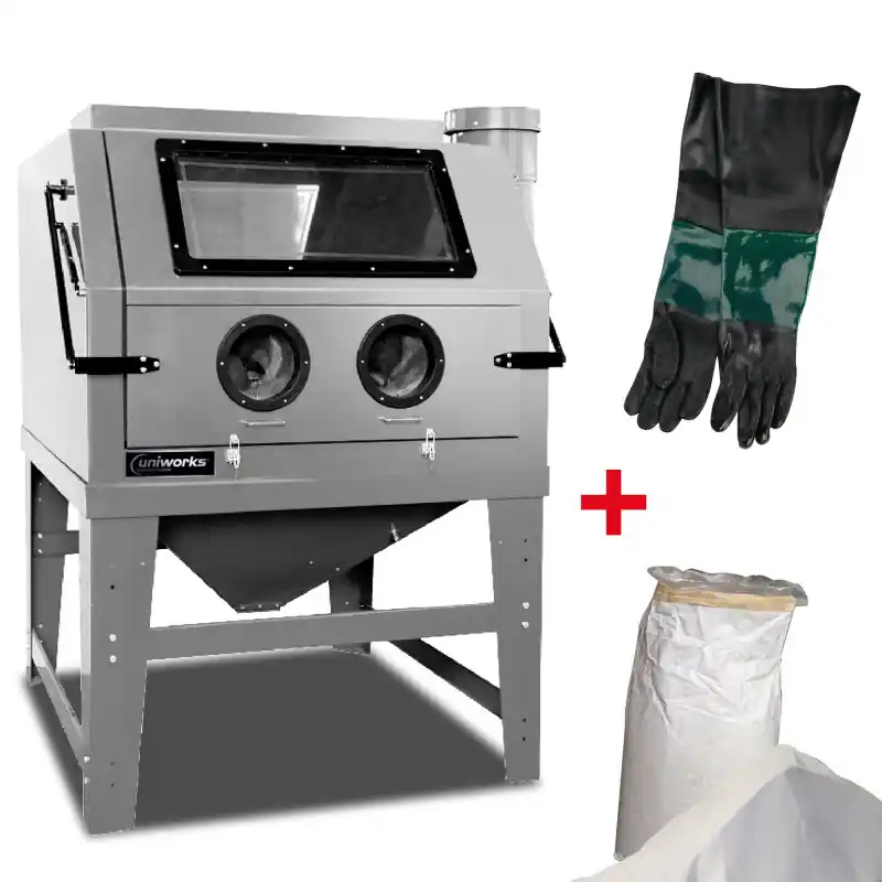 Cabine de sablage avec aspiration, gants et abrasif 990 litres Uniworks ACSB099 Prix Cassé